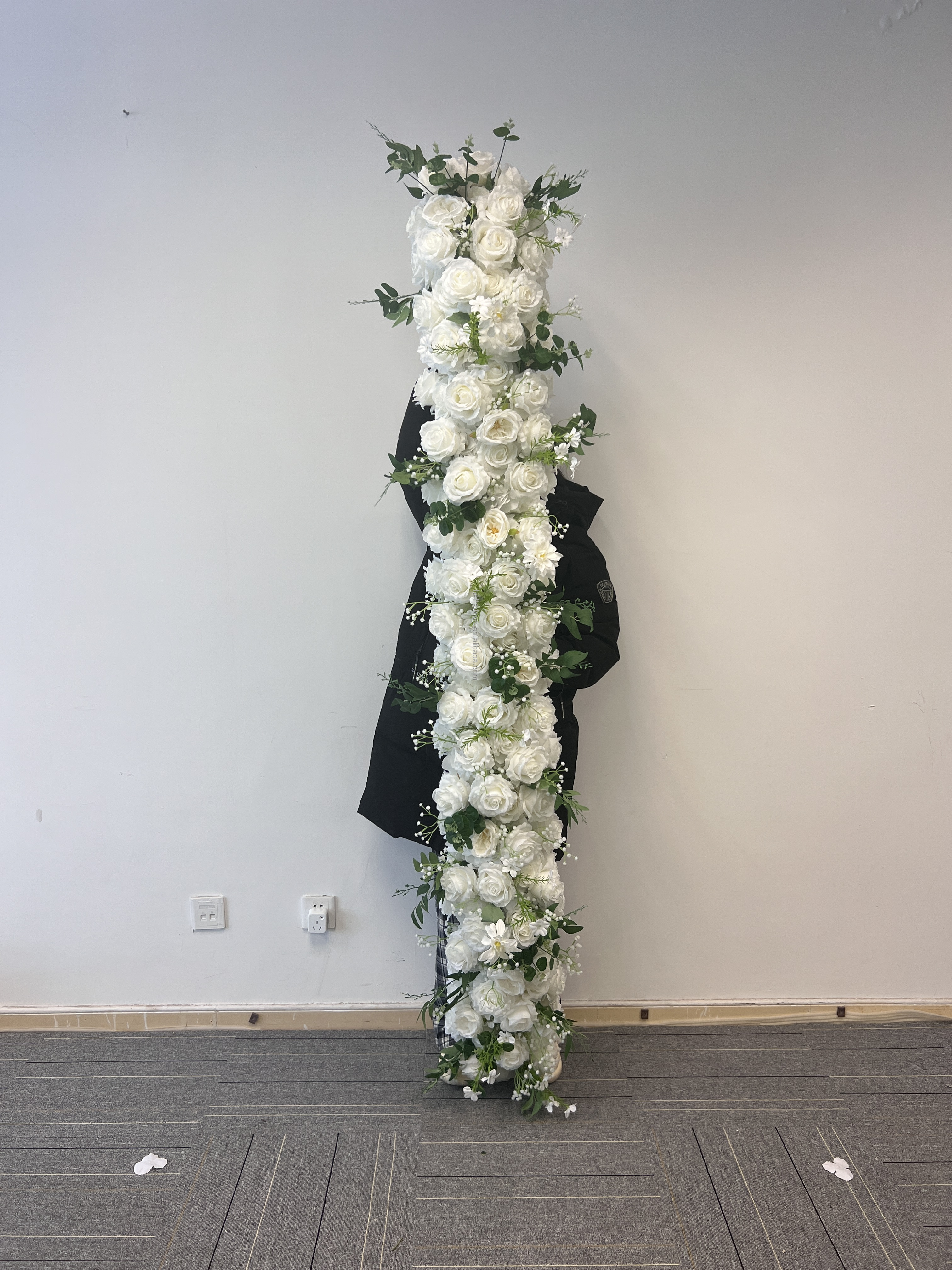 Chemin de table floral blanc et vert, 200 cm x 25 cm