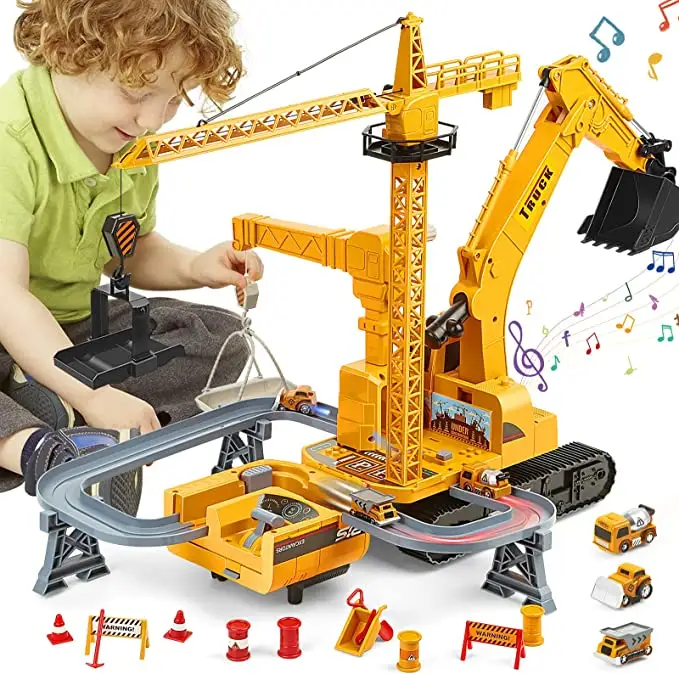 Bau Bagger Spielzeug LKW für Jungen Engineering Fahrzeuge mit 2 Turmdrehkran und kleinen Bulldozer Zement mischer Muldenkipper