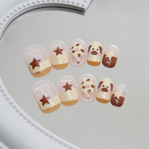 ショートスクエアつけ爪のヒントベージュブラウンカラーかわいい子犬スタードーナツつけ爪ウェアラブルフルカバー爪を押す - Product Image 2