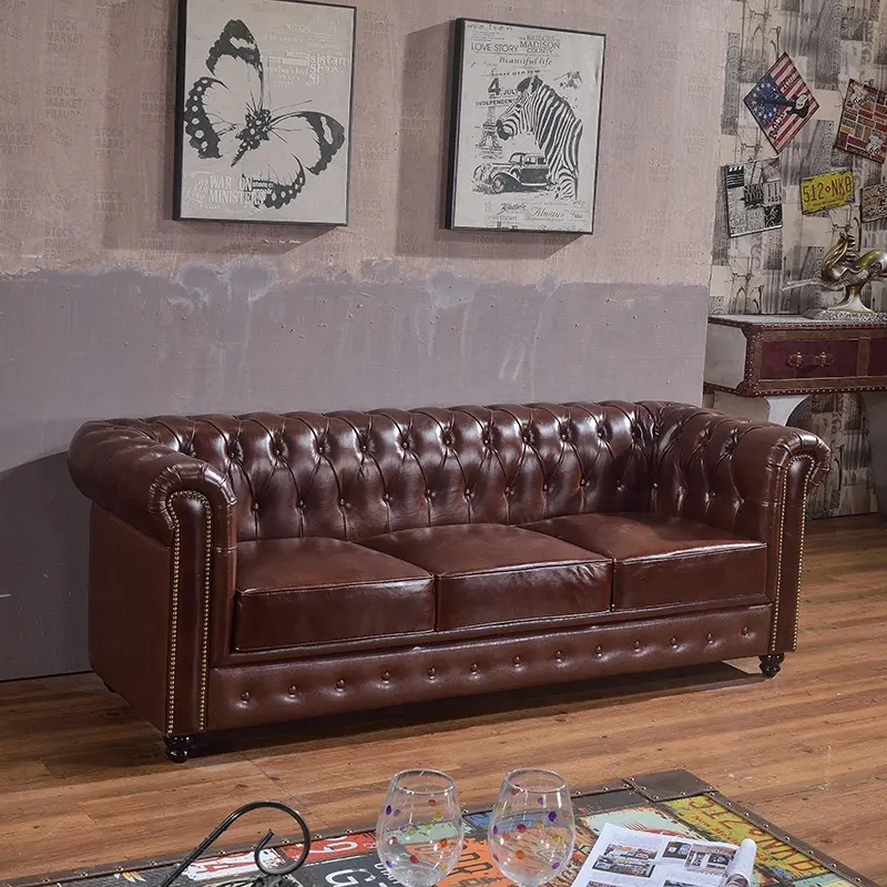 Muebles de estilo americano antiguo sofá con mechones de 3 plazas tapicería de cuero vintage sala de estar sofá de cuero Chesterfield cigarro