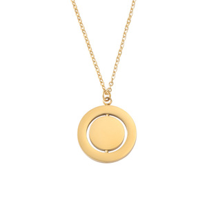 Gold Plated Link <strong>Chain</strong> Necklace Stainless Steel Double-Layer Geometric Round Pattern Rotatable <strong>Inner</strong> Disc Pendant for Engagement - Product Image 2