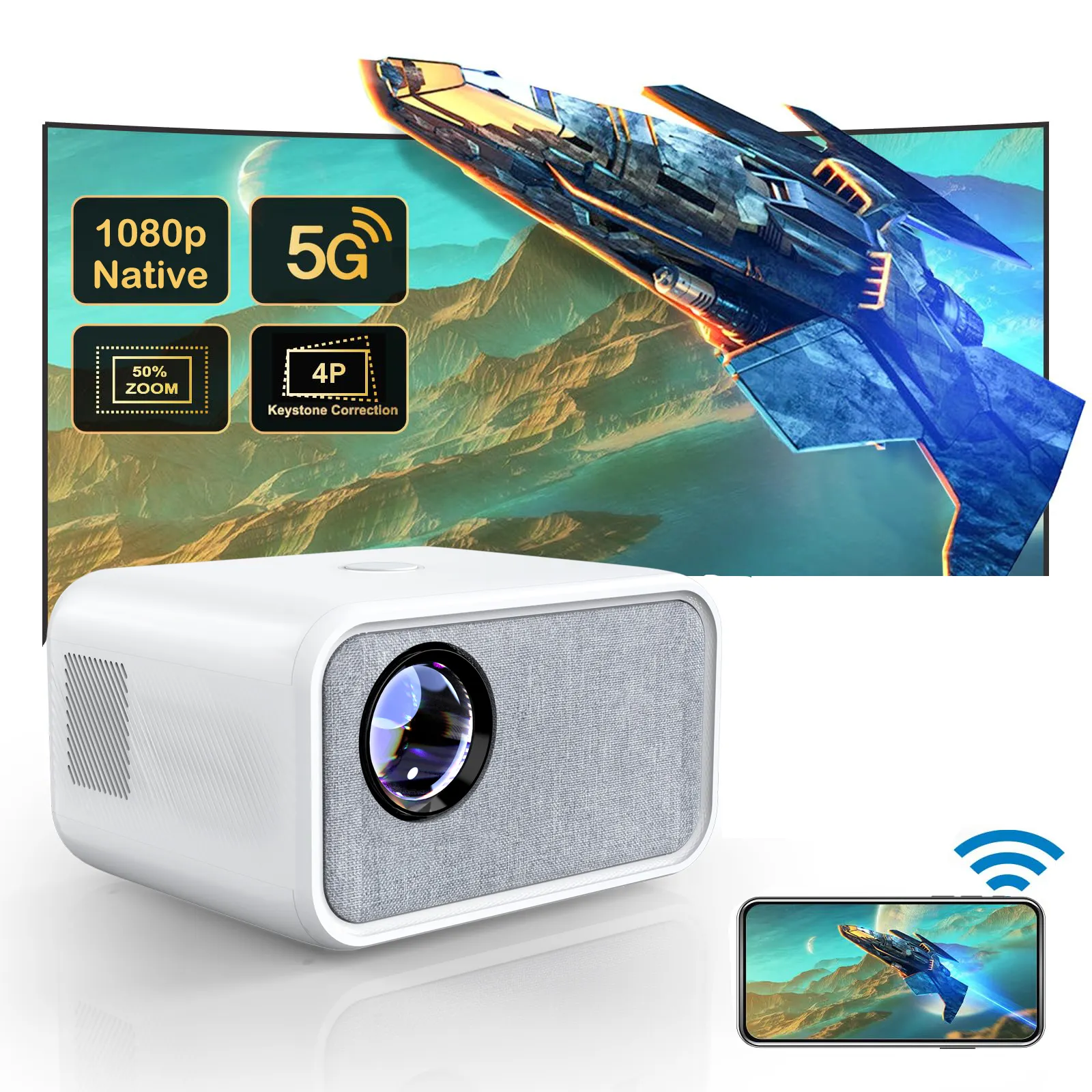 Tripsky proyektor 1080P asli, proyektor Video Android pintar mendukung 4K WiFi 5G