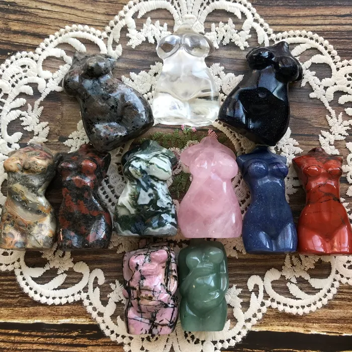 Wholesale Natural Crystal Crafts Gemstone Hand Carved Woman Body Amethyst Rose Quartz Goddess For Gift
