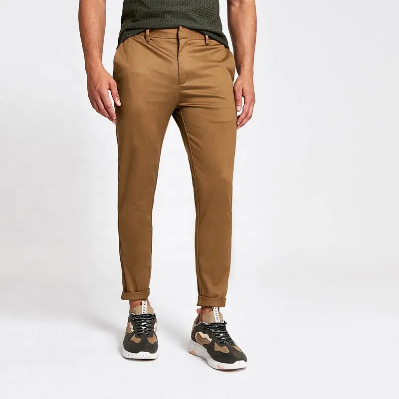 Dongguan Supplier OEM embroidered logo cotton stretch trousers men light brown skinny fit straight cropped chino pants