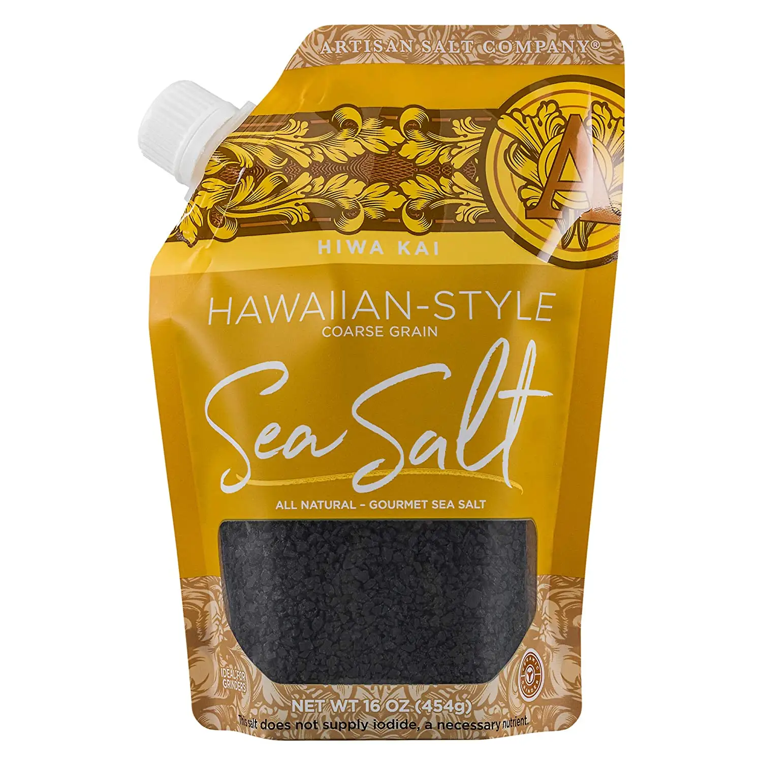 Органический пакет с логотипом завода, полностью натуральный пакет с носиком, 16 унций, Hiwa Kai, черная морская соль в гавайском стиле, грубое зерно