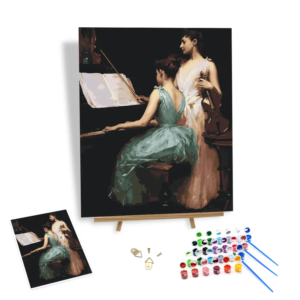 Pintura a óleo personalizada por números Meninas elegantes de tocar piano e tocar violino pintado à mão Decor Picture Atacado