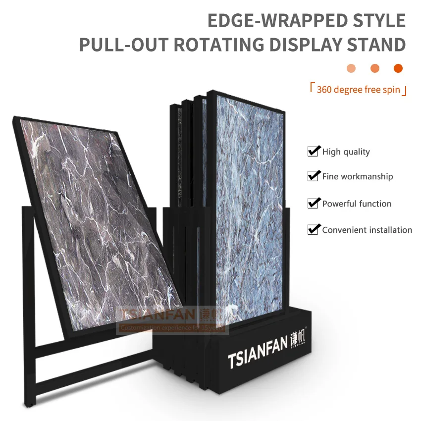 New design 360 degree free turnover quartz artificial stone natural stone glass large plate sample sliding stone display shelf