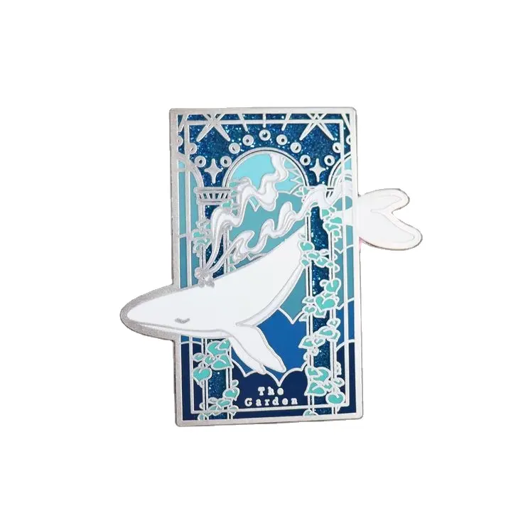 High Quality Souvenir Custom Garden White Whale Logo Blue Glitter Silver Metal Hard Enamel Badge Fashion Lapel Pins for Clothes