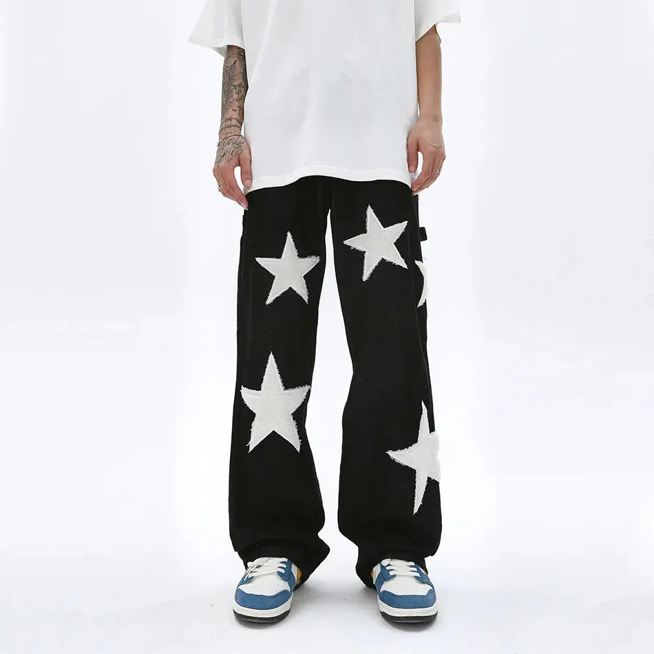 पुरुषों Streetwear निर्माता कस्टम सितारों सेनील कढ़ाई लोगो कार्गो डेनिम पैंट Y2K टवील बैगी जींस