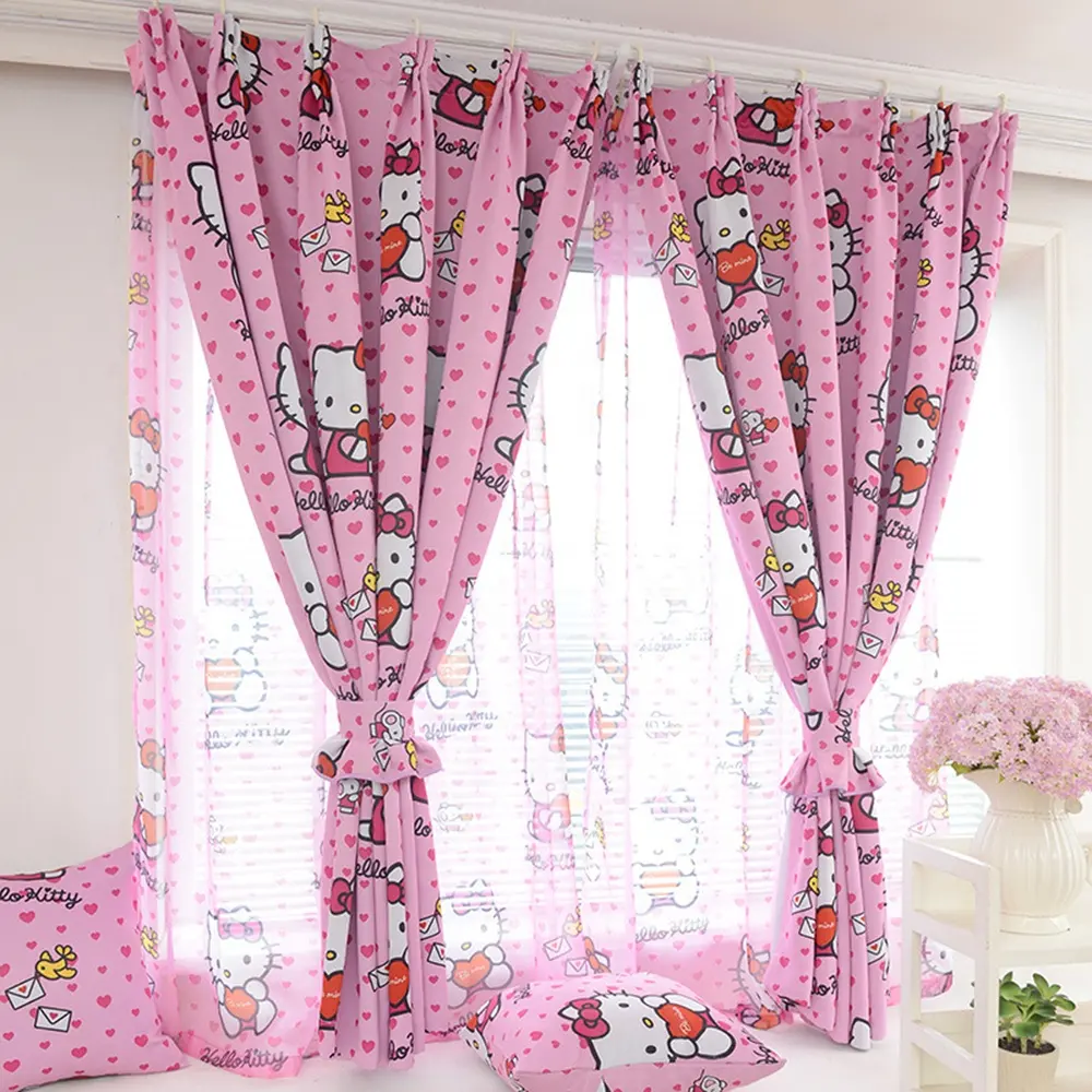 Cortina para habitación de bebé y niña, cortina para ventana de gato con dibujos animados rosados, cortina opaca con estampado de princesa