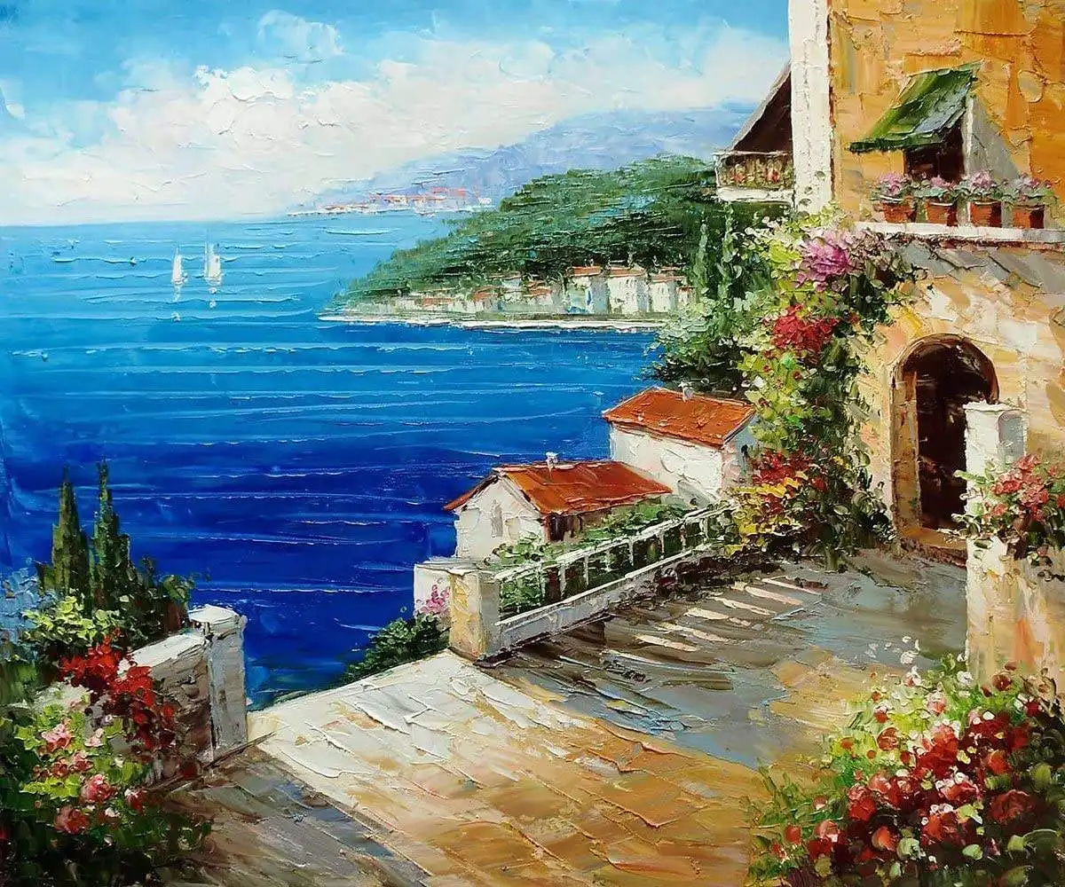 مشاهد البحر الأبيض المتوسط عالية الجودة المصنوعة يدويا لوحات زيتية لمشهد الحديقة على قماش للبيع