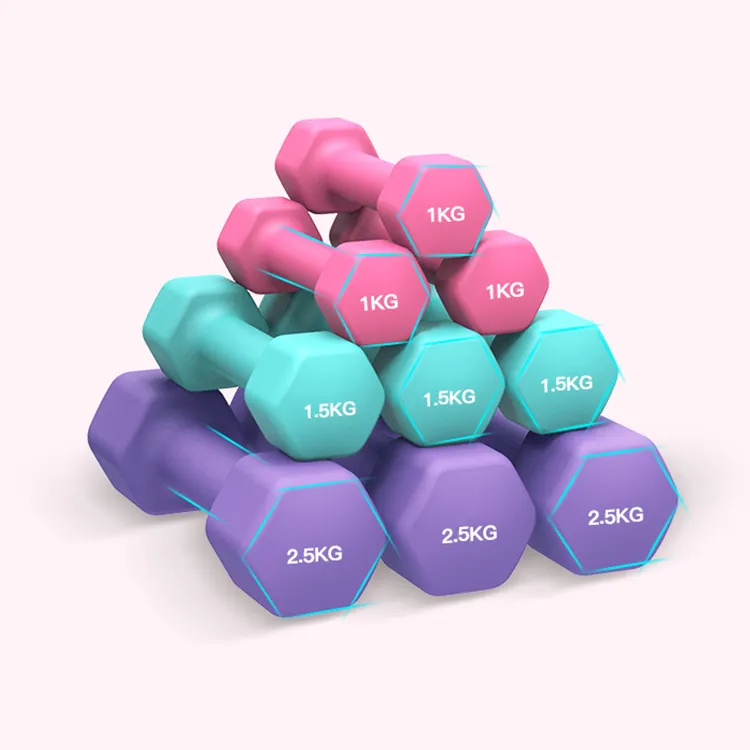 مجموعة دمبل مطاط سداسي اللون مخصصة للنساء للاستخدام في الصالة الرياضية ملونة من المصنع بسطح أملس أو مصقول