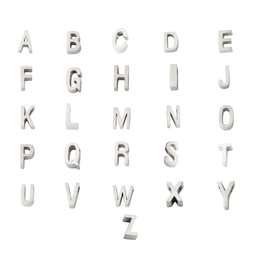 Accesorios para hacer colgantes de joyería DIY en tono plateado, abalorios de acero inoxidable en blanco con letras mayúsculas del alfabeto