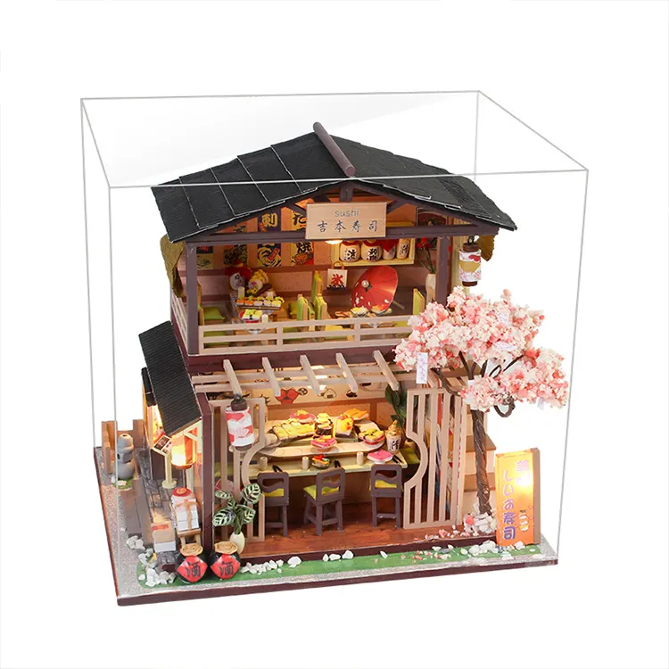 Casa delle bambole fai da te piccolo negozio di Sushi casa delle bambole giocattolo in legno giocattoli in legno Mini Room Craft Kit luci a LED per bambini