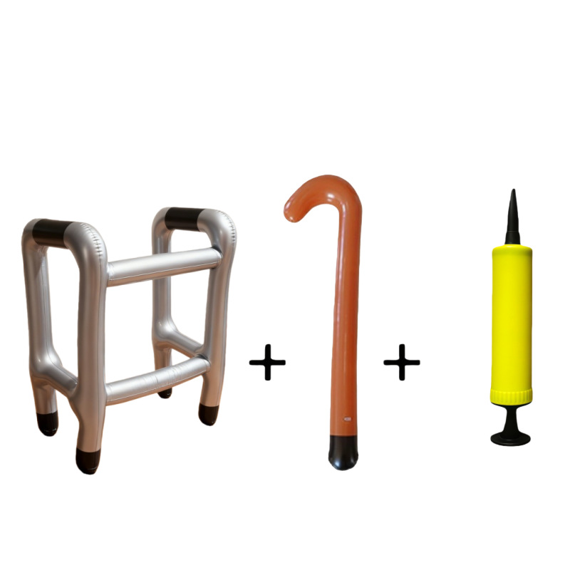 Black walking aid, brown cane, push pump