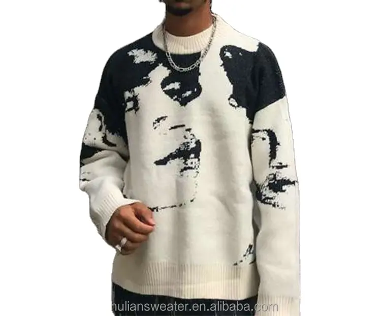 Suéter de malha casual solto estilo estilo moda de rua com gola redonda retrô tendência personalizada