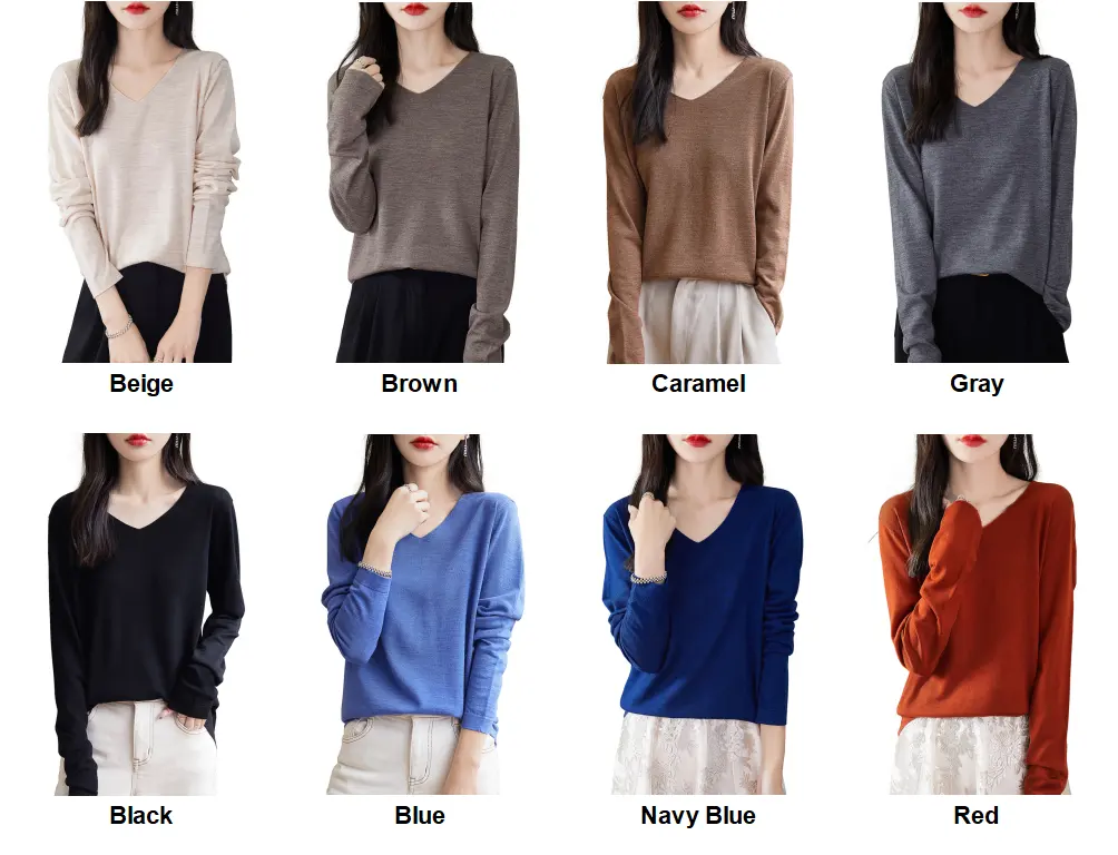 Jersey suave ropa primavera 100% lana merino tejido Tops manga larga cuello en V camiseta suéter