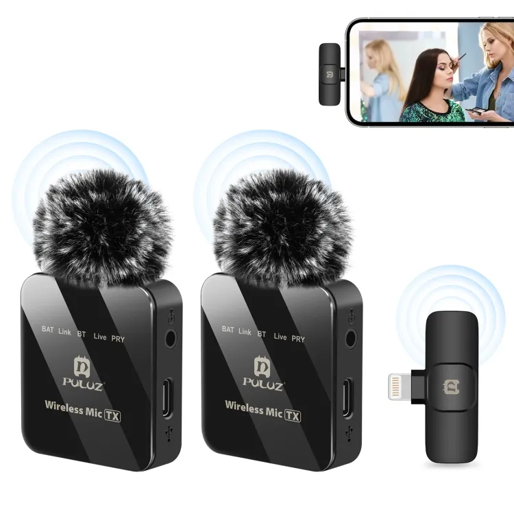 Nuova vendita PULUZ senza fili Lavalier doppio microfoni per iPhone per iPad 8 ricevitore telefono cellulare Tablet PC Lavalier microfono