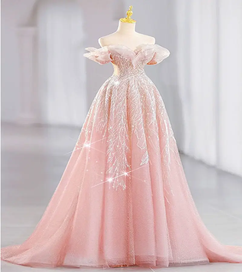 فستان سهرة ZX-520 وردي اللون للأميرات فستان خفيف فاخر للخطوبة وطويل فستان للعروس من أجل الزفاف