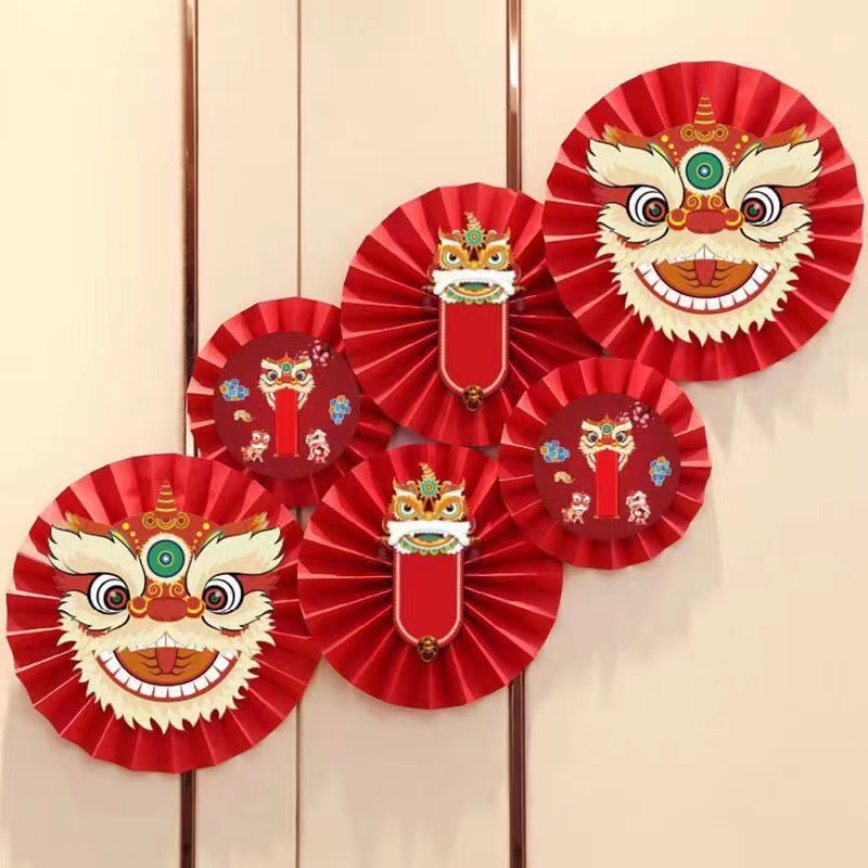 Red Lion dance paper fan 6 pack