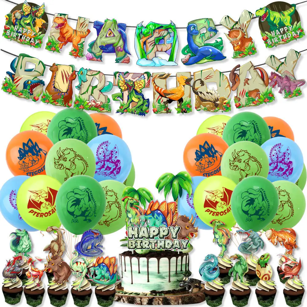 Dinosauro Cartoon Cupcake Toppers stendardo buon compleanno palloncini Globos festa di compleanno forniture decorazione S116