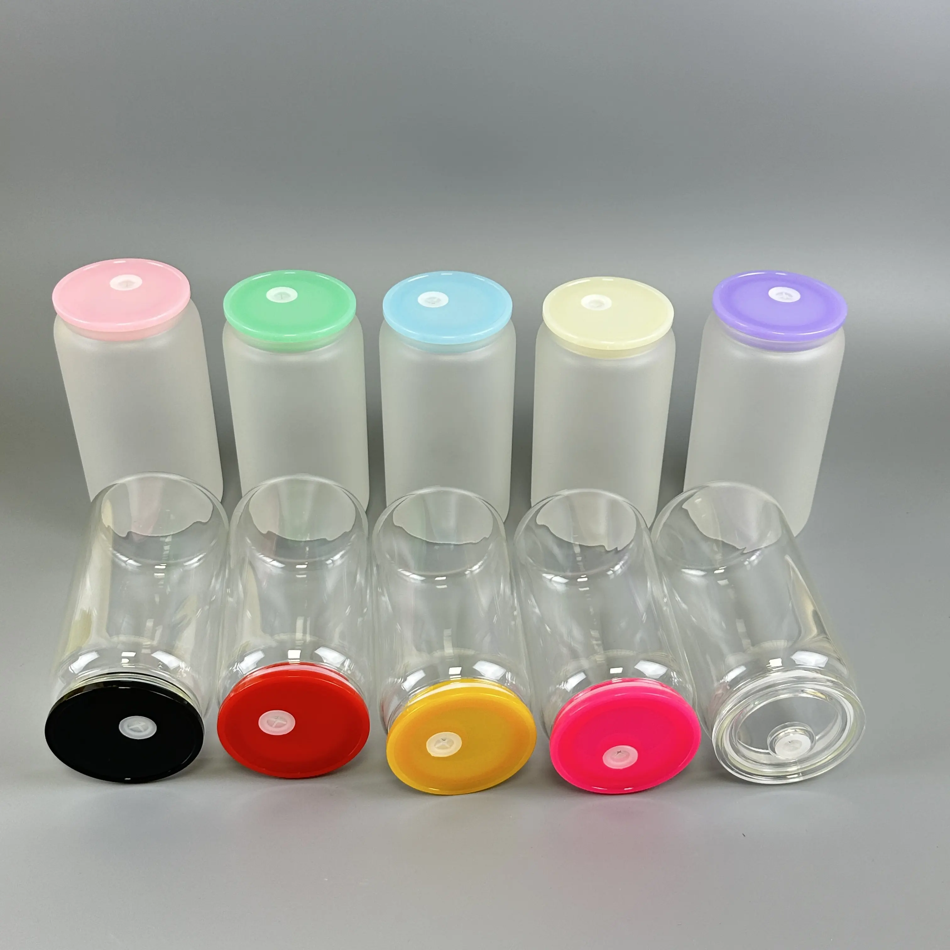 미국 창고 도매 BPA 무료 다채로운 아크릴 뚜껑 유리 캔 컬러 교체 PP 플라스틱 뚜껑 16 온스 맥주 유리 캔