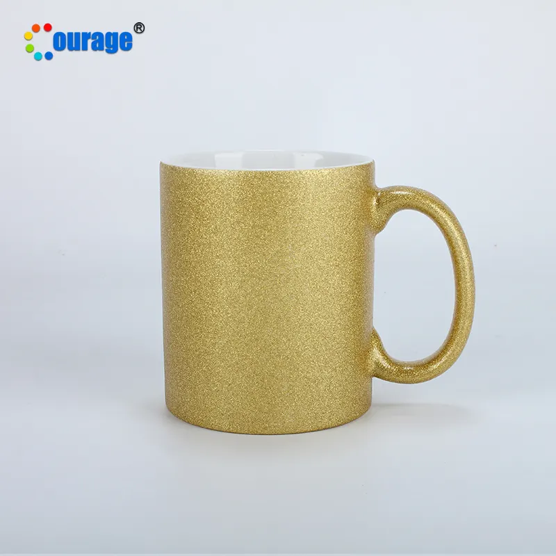 Popolare tazza da caffè in ceramica color oro con sublimazione glitterata da 11 once per pressa a caldo