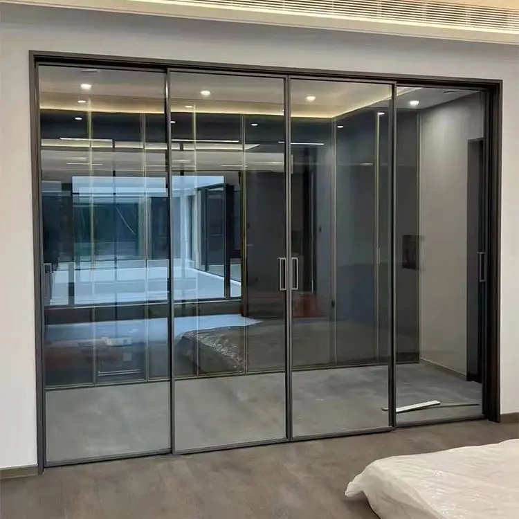 Moderno vidro porta 4 painel alumínio quadro interior deslizante porta sistema casas escritório sala varanda pátio deslizante porta de vidro