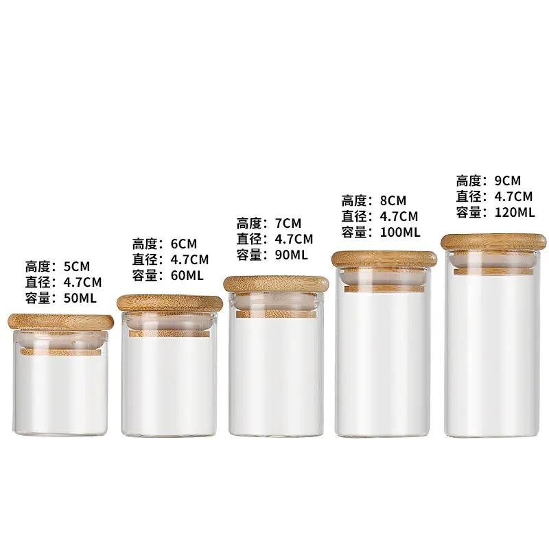 Produits en bambou cylindrique 47mm haut borosilicate transparent 50ml bouteille en verre petit pot transparent