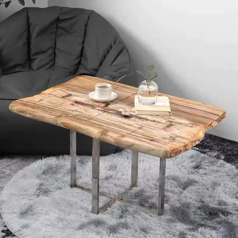Venta al por mayor fósil natural consola comedor café lado rectangular mesa cuadrada redonda con patas de metal de madera petrificada