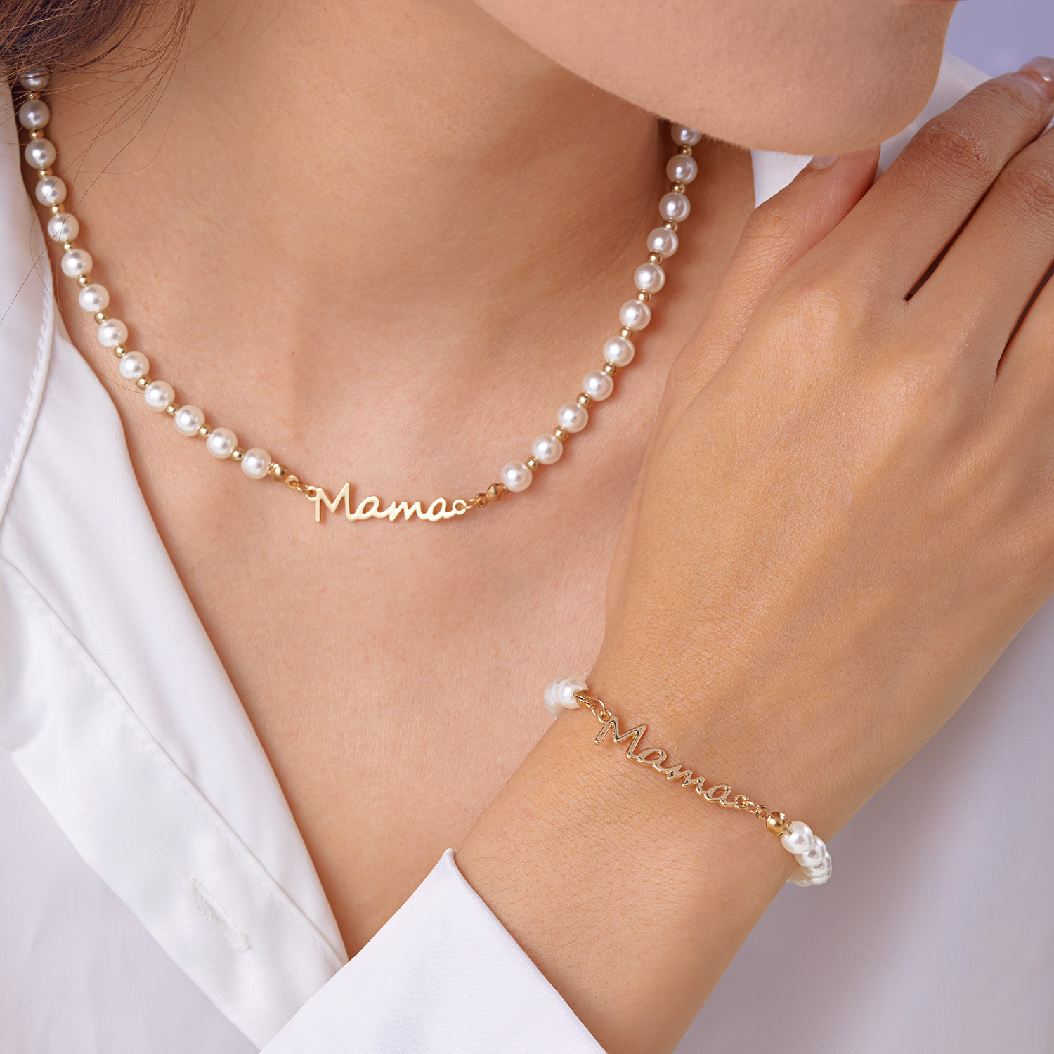 Collana e bracciale con perle dorate, set modello nc25y0005-1-Gold