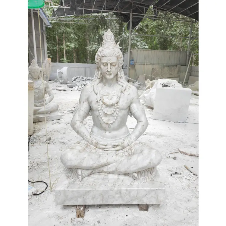 Tượng Thần Thánh Hindu Adiyogi Shiva Chạm Khắc Bằng Tay Màu Trắng