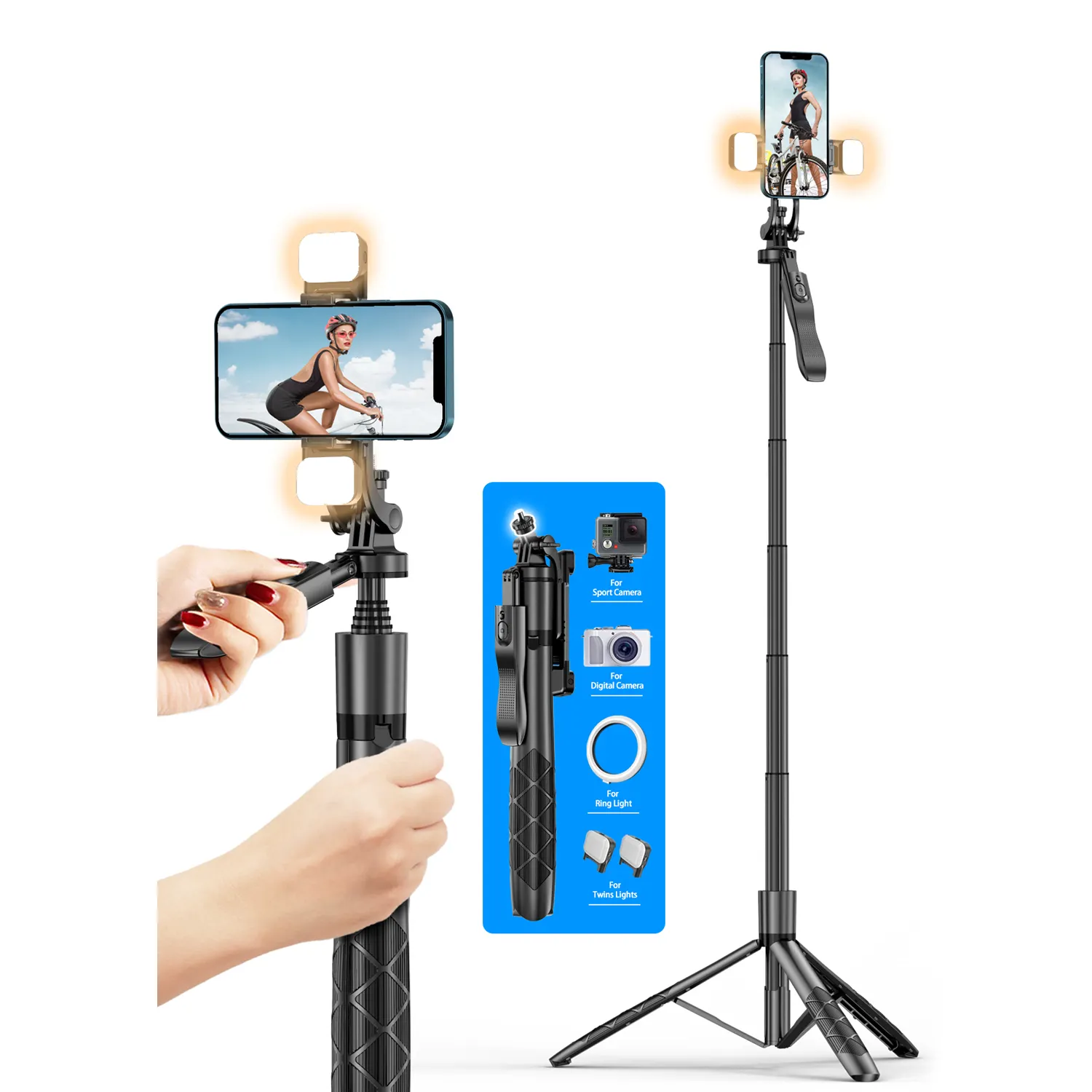 Soporte de trípode de teléfono con Luz de viaje remota extensible para iPhone Android Camera GoPro