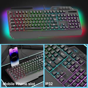 Hot bán 104 RGB Backlit có dây chơi game Bàn phím cơ khí cảm thấy giao diện USB máy tính không thấm nước ngoại vi với người giữ điện thoại - Product Image 4