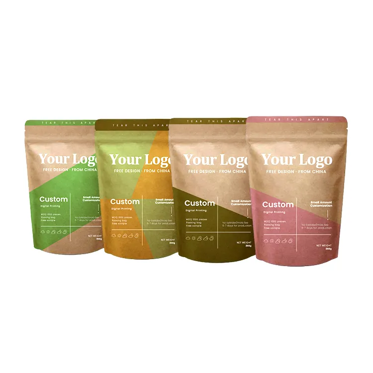 Wholesale resealable zipper stand up brown kraft paper coffee pouch tea bags packaging materials kraft paper bags