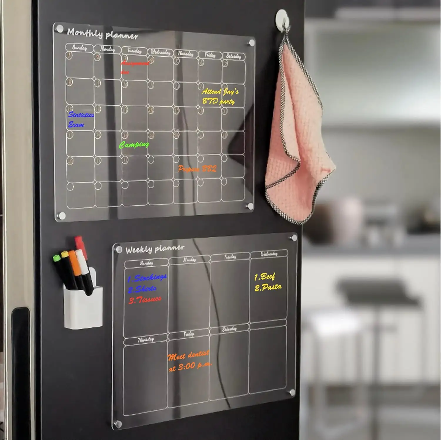 Calendrier de réfrigérateur 2 pièces, acrylique et magnétique, planificateur mensuel et hebdomadaire, tableaux réutilisables pour réfrigérateur avec 6 marqueurs de couleur
