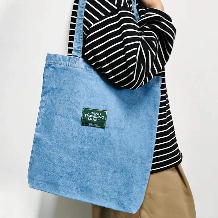 Yüksek kalite popüler tasarım ekstra büyük tuval alışveriş çantaları geri dönüşümlü seyahat tatil Denim tote çanta ile özel baskılı logo