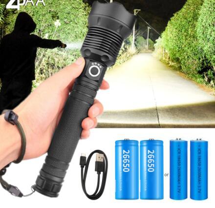 flashlight +2*26650battery+usb cable+brownbox