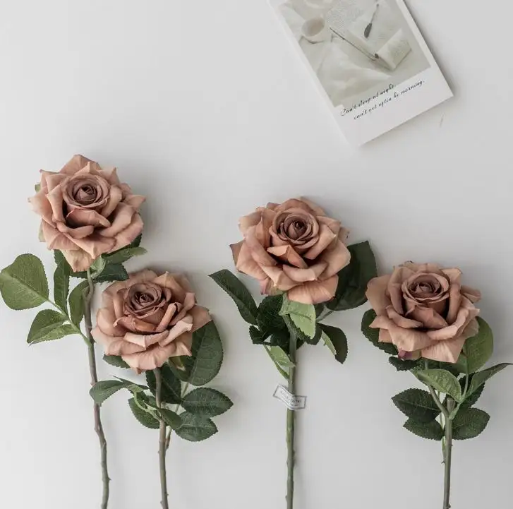 Cabeças de flores artificiais de café, rosas para decoração e casamento, atacado, flores artificiais