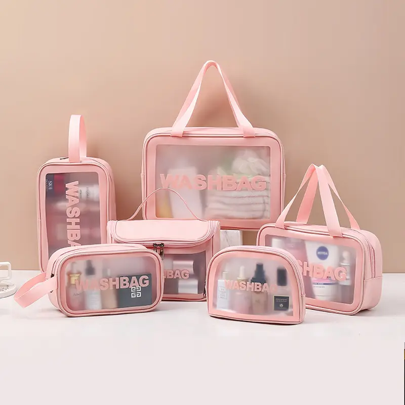 Set di borse per cosmetici trasparenti di grande capacità da donna in pelle impermeabile smerigliato trasparente Pvc rosa borsa da viaggio portatile da viaggio