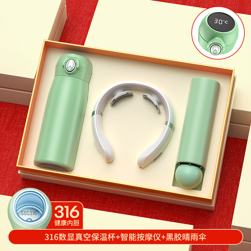 Tasse Thermos Vert Menthe 316, Parapluie 5 Plis en Vinyle Noir, Coffret Cadeau de Massage, Sac Cadeau