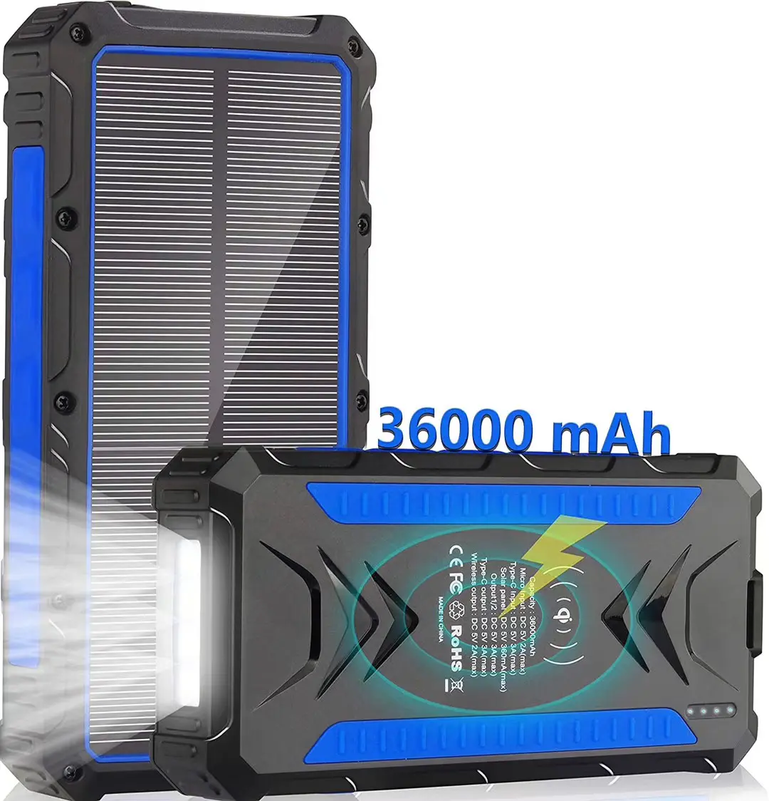 携帯電話用LEDライト36000mahソーラーパネル充電器付き4 in1超薄型ソーラーパワーバンク