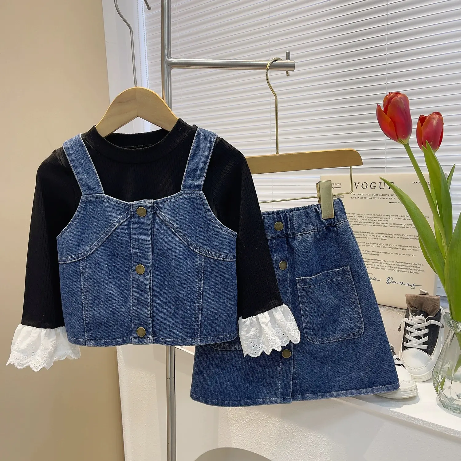 Conjunto de saia jeans para meninas, colete com bico único + camisa + saia, 3 peças, roupas de primavera, conjunto de saia jeans para meninas