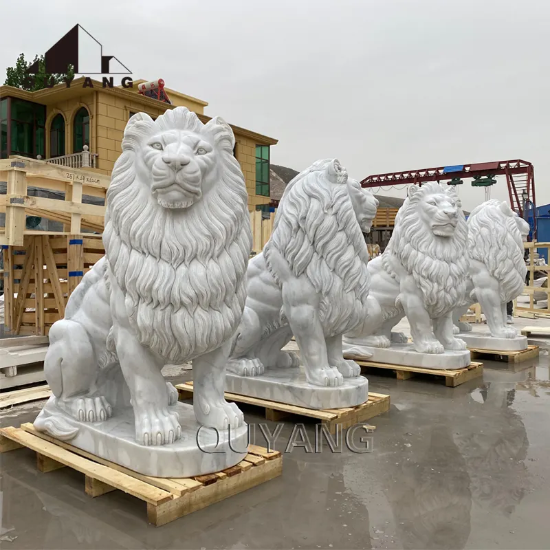 QUYANG decorazione del giardino a grandezza naturale animale scultura in pietra statua all'aperto marmo naturale leone scultura Statue