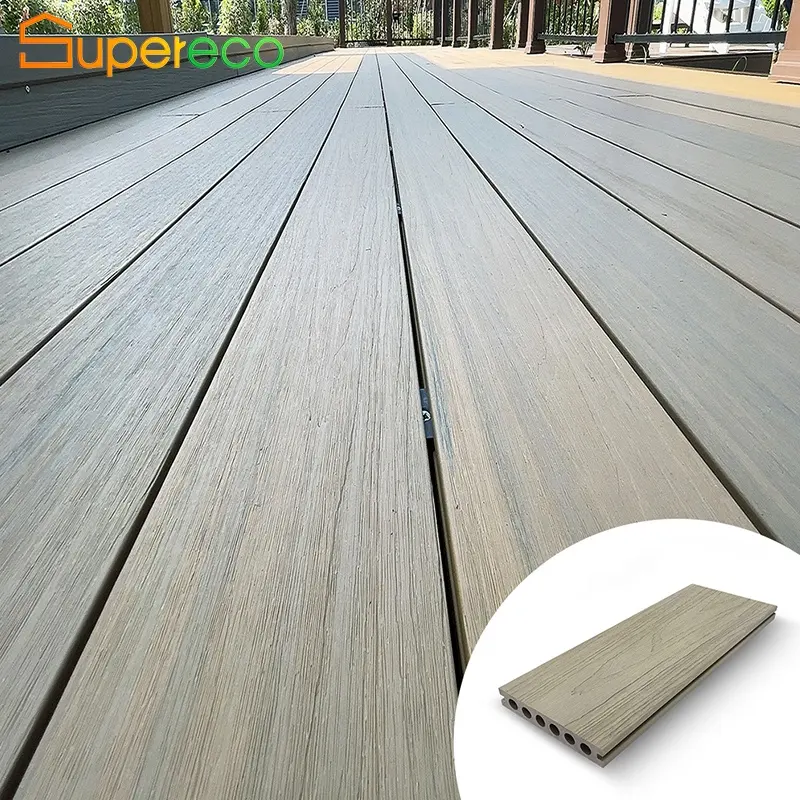 Pvc Exterior Panel Piso 3D Relieve Wpc Eco Decking Co Extrusión Hueco Wpc Compuesto Decking Azulejos sólidos