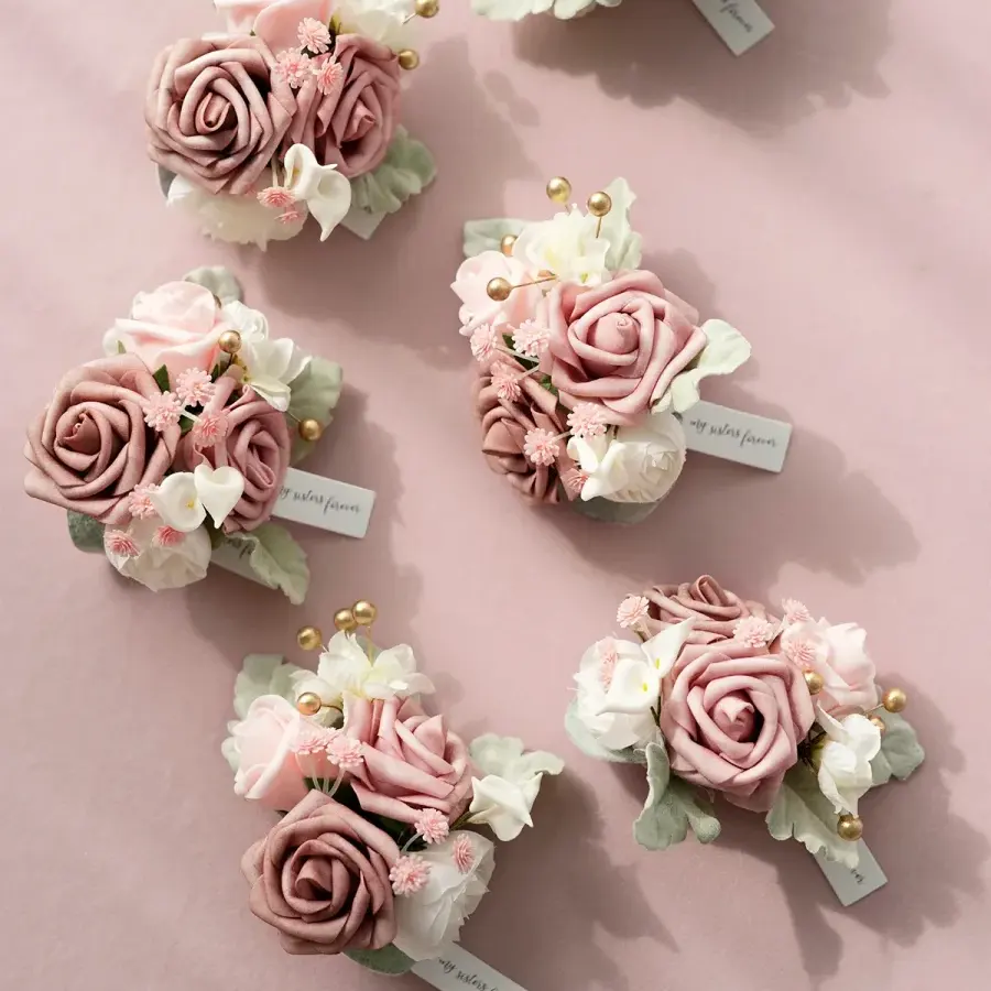 Corsages de poignet Rose poussiéreuse pour mariage (lot de 6), Corsages pour bal, mère de la mariée et du marié, fleurs de bal