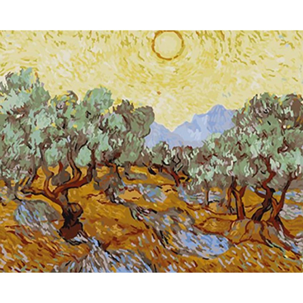 Oliviers avec ciel jaune et soleil