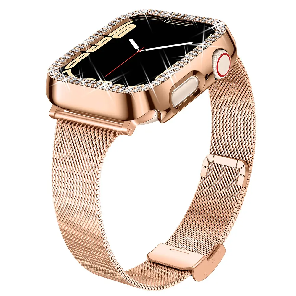 Milanese Horlogebandje Met Bling Diamant Horloge Hoesje Hoes Zonder Film Voor Apple Watch Band 38Mm 40Mm 41Mm 42Mm 44Mm 45Mm