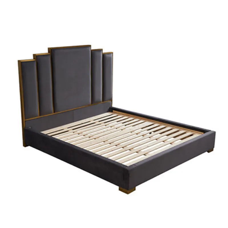 최신 더블 침대 디자인 황금 스테인레스 스틸 헤드 보드 벨벳 침대 프레임 전체 크기 커플 퀸 더블 침대