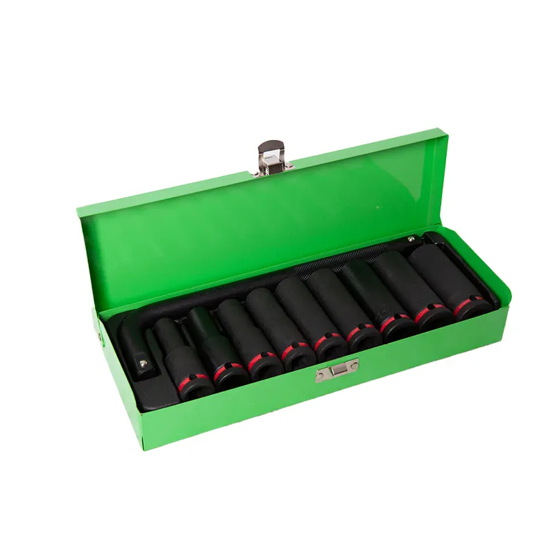 10 Pieces 10-24mm 1/2 Inch Deep Heavy Duty Socket Wrench Adapter Hand Tool Set Impact Socket Set with Green Iron Box